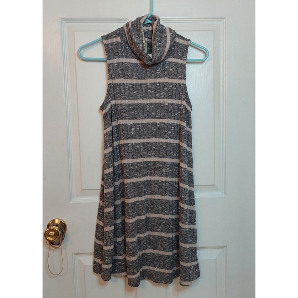 Final Touch Grey Tan Striped Sleeveless Mock Neck Mini Dress Ribbed Knit Size S